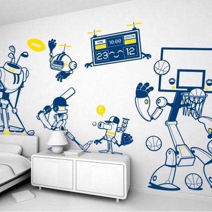 kit vinilos infantiles cama niño robots deportes