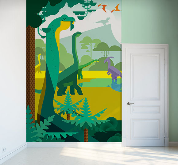 Papier Peint dinosaures pour chambre enfants garçon, theme Monde Jurassique