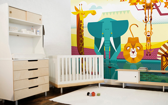 Safari baby room wall murals, Jungle kids room wallpaper with Giraffe, Elephant, Lion, Monkey