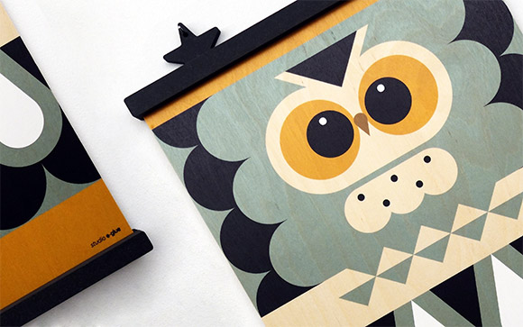 Affiches pour Enfants, motif Chouette sur bois d'érable, par E-Glue studio