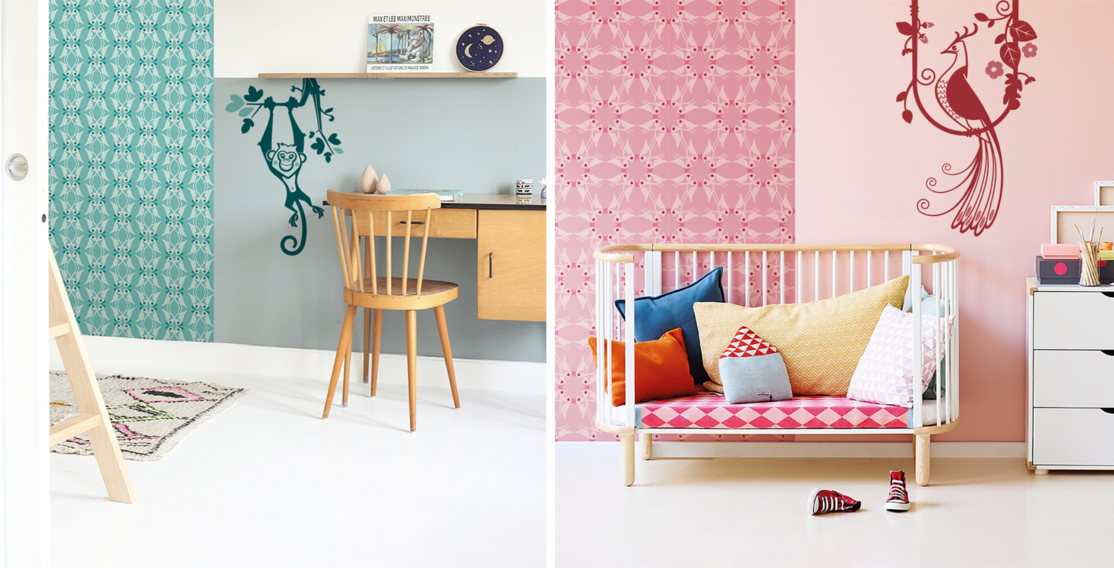 matching baby wall decals with wallpaper for decorating a kids room