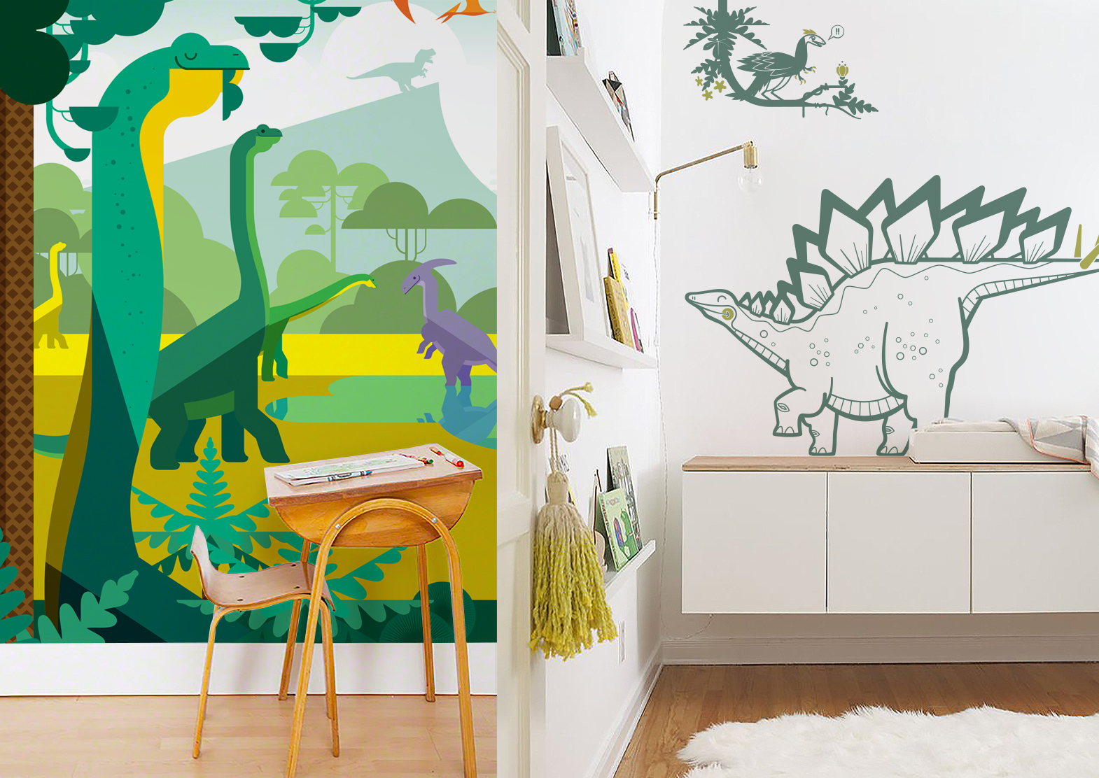 Jurassic World kids wall mural XXL and pack of dinosaur wall decals by E-Glue design