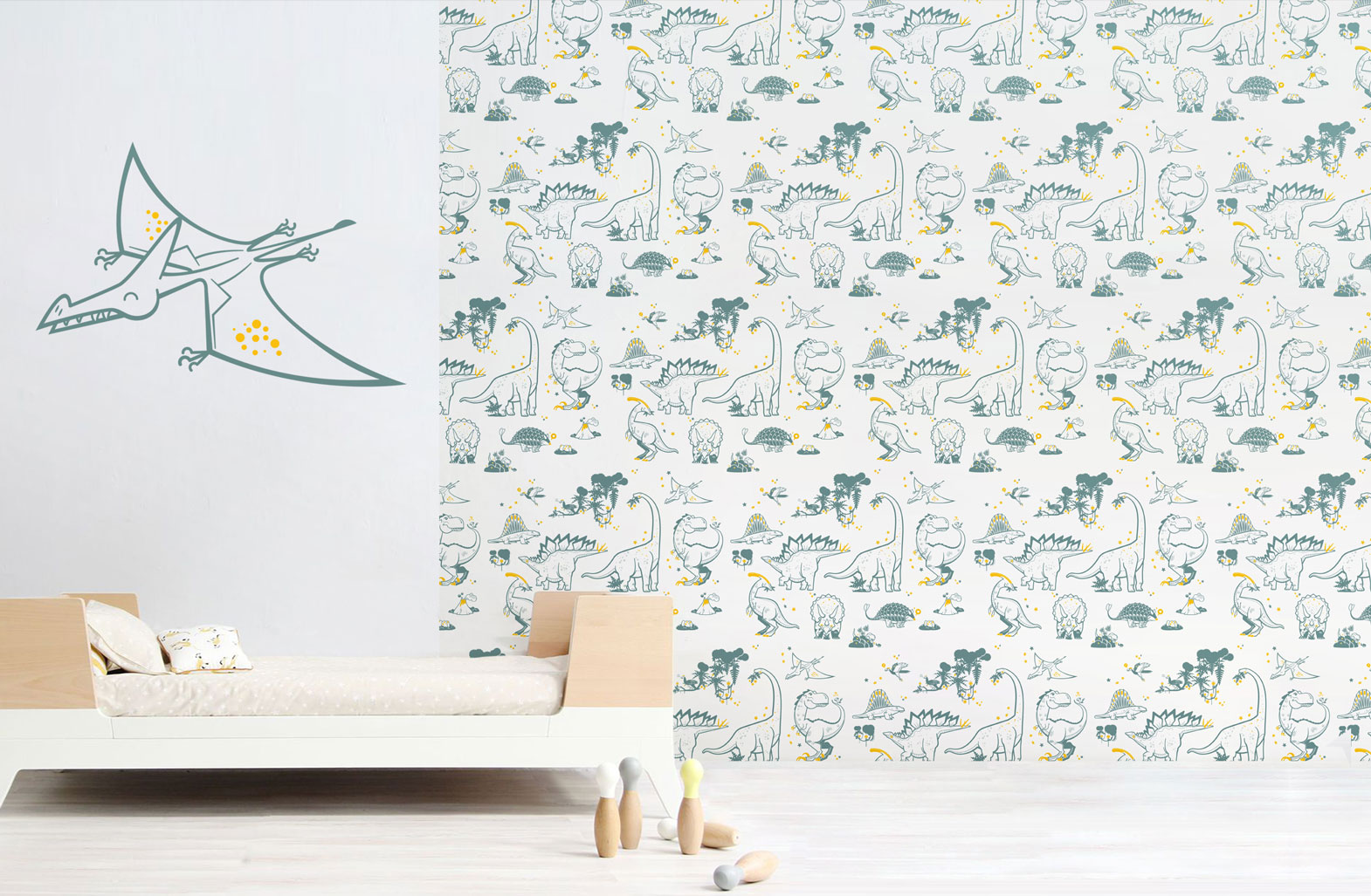 Pterodactyl wall decal and dinosaur wallpaper combination by E-Glue design