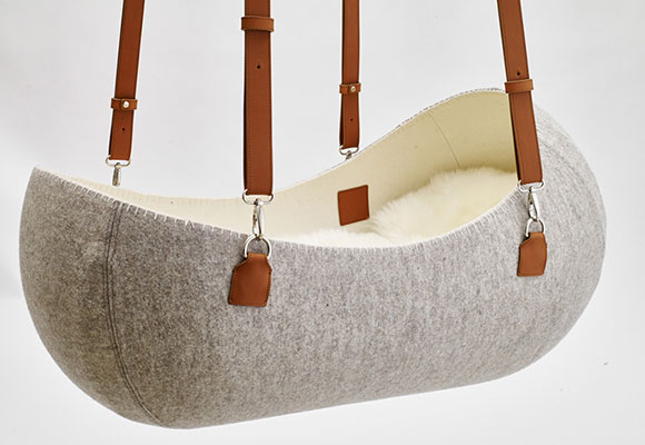 felt and leather baby hanging cradle Little Nest by Oszkar Vagi